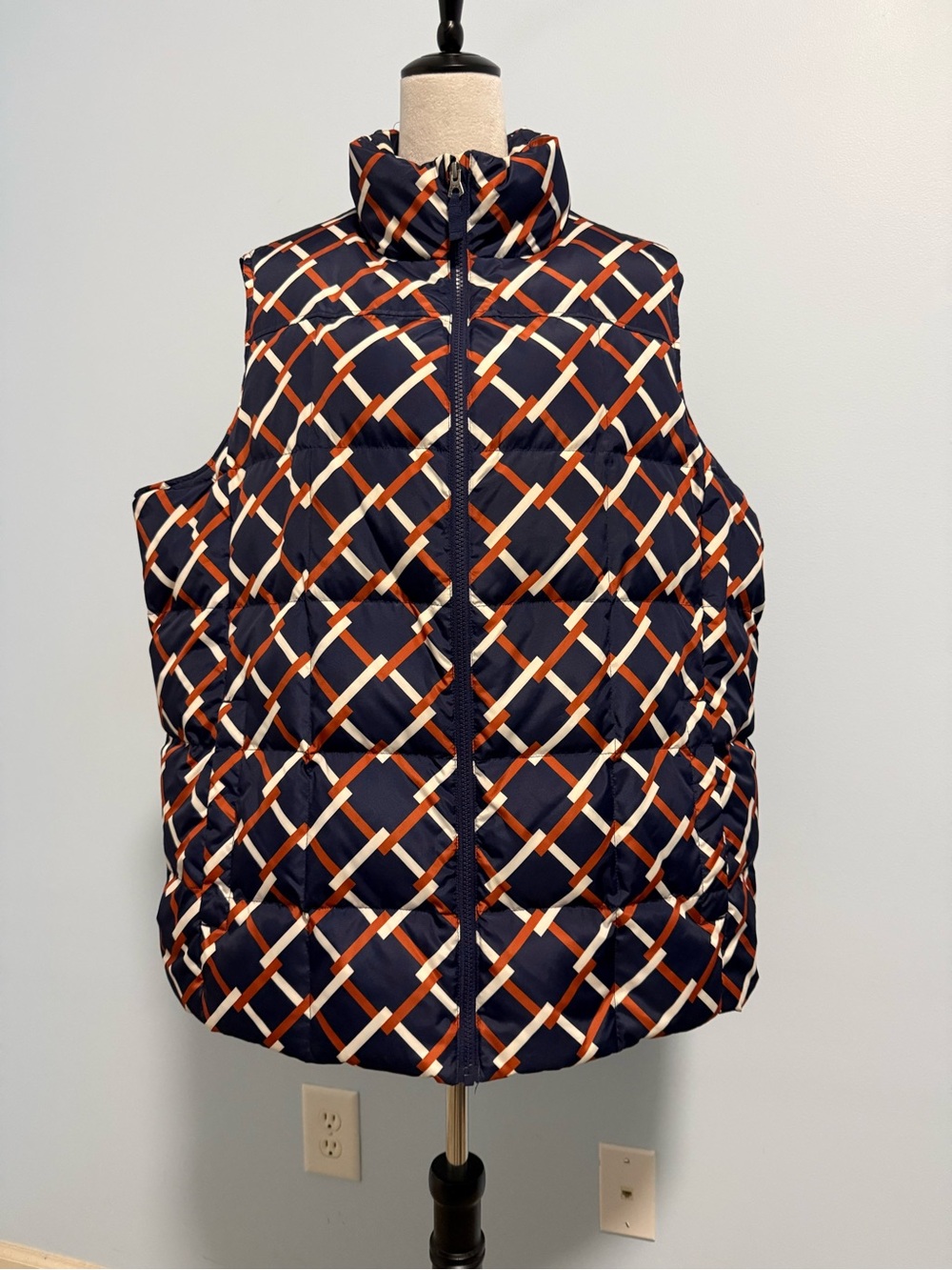 Lands’ End Women’s Plus Size 2X Navy Orange Geometric Down Puffer Vest Full Zip